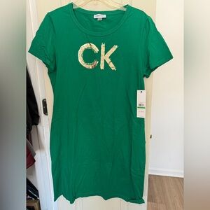Calvin Klein Green Tee Dress with Gold Sequin CK Logo